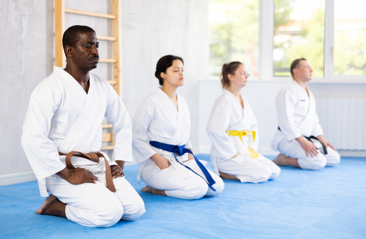 A sensei calmly practicing karate, since Mokuso is doing the hard work.